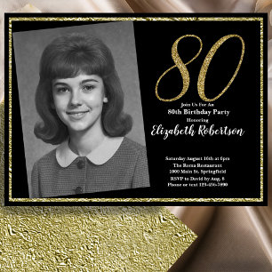 Invitation 80e Photo personnalisé Noir et Or 