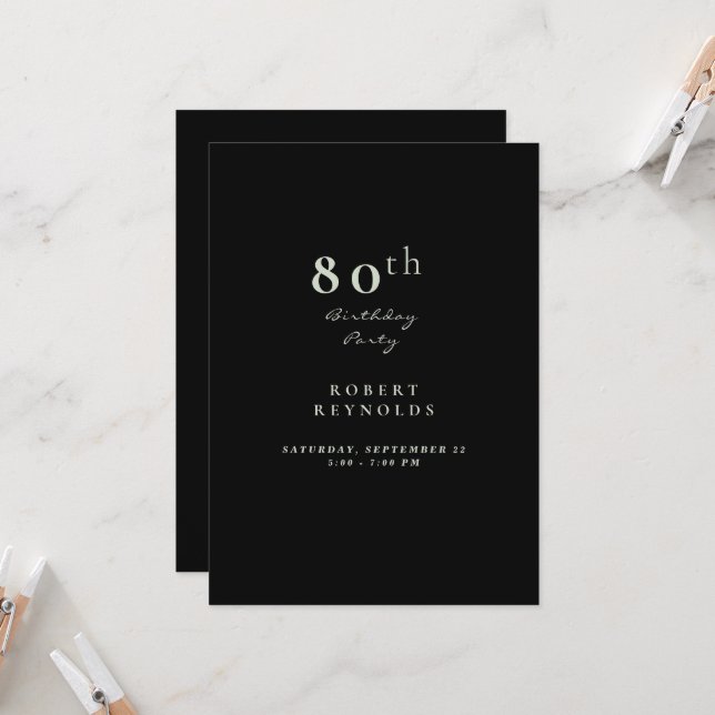 Invitation 80ème anniversaire de l'homme Simple Black Invitat (Devant/Arrière en situation)