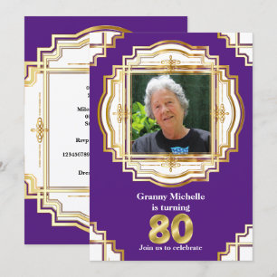Invitation 80ème cadre photo élégant or violet blanc quatre-v