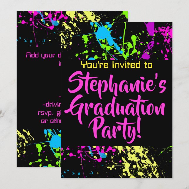 Invitation 80s 90s Modern Paint Splatter Graduation Party (Devant / Derrière)