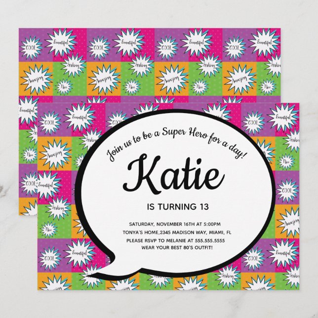 Invitation 80s 90s Pink Comic Super Hero Retour (Devant / Derrière)