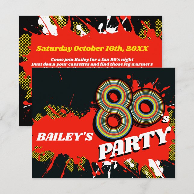 Invitation 80's Fête anniversaire ou l'événement rétro invita (Devant / Derrière)