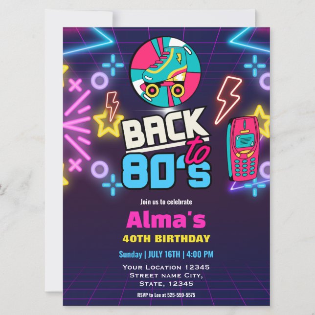 Invitation 80s Retro Neon 40e anniversaire (Devant)