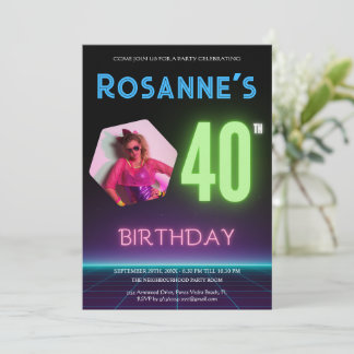 Invitation 80s Retro Night Photo personnalisée Neon 40e anniv