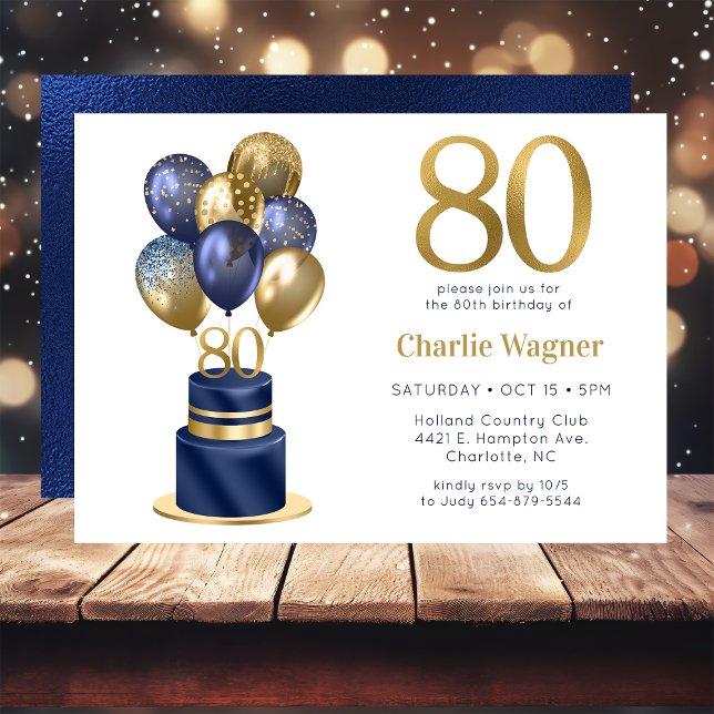 Invitation 80th Birthday Navy Blue Balloon Cake (Créateur téléchargé)