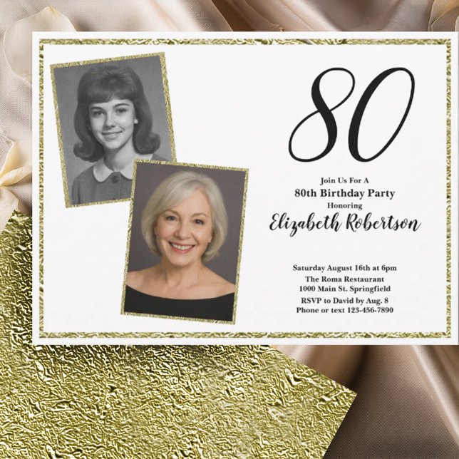 Invitation 80th Custom Photo White and Gold  (Créateur téléchargé)