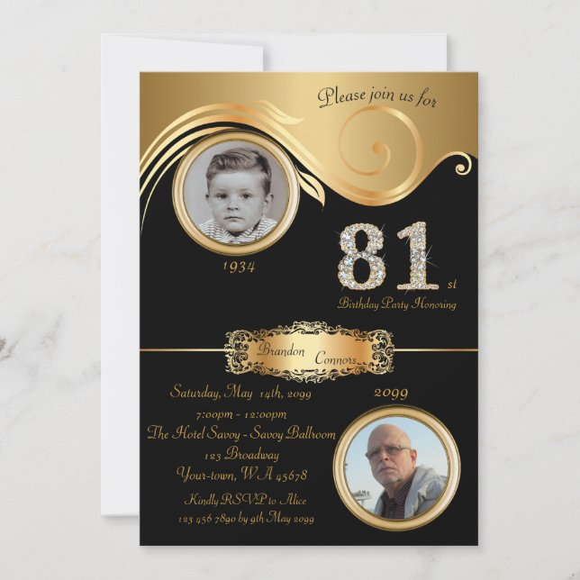 Invitation 81e, Anniversaire Homme 81e, élégant art déco, or  (Devant)
