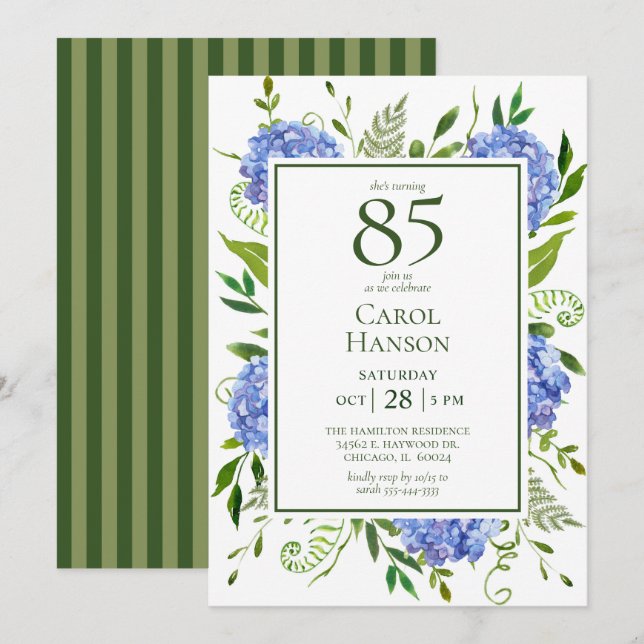 Invitation 85e anniversaire Blue Hydrangeas (Devant / Derrière)