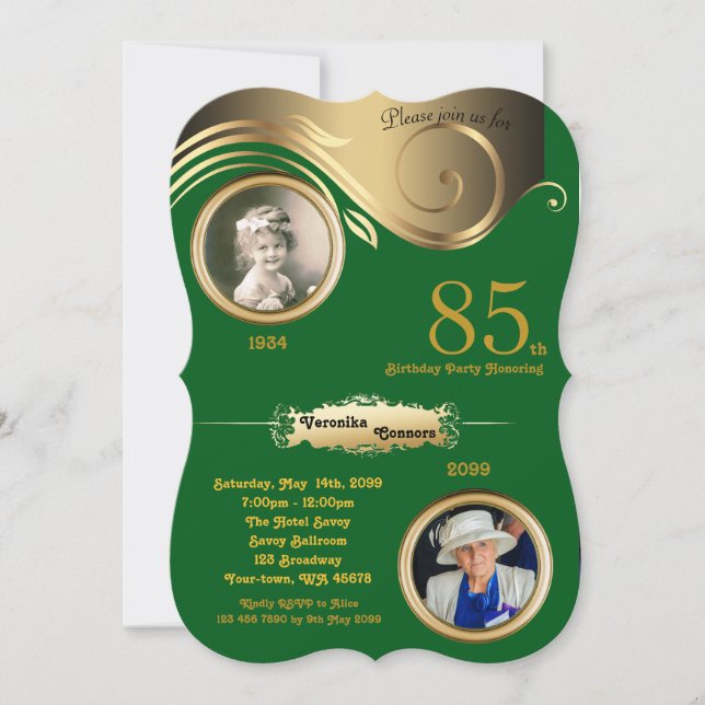 Invitation 85e, Anniversaire Femme âge, art déco, or vert (Devant)