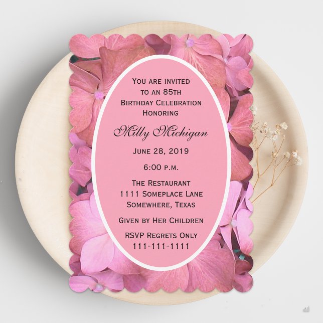 Invitation 85e anniversaire fête Pink Scalloped Hydrangeas (Créateur téléchargé)