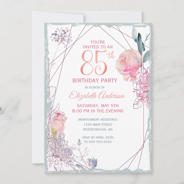 Invitation 85e anniversaire Floral Blush Rose Watercolor Part (Devant)