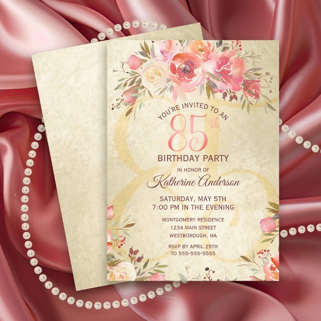 Invitation 85e anniversaire Floral rose Roses Gold Shimmer Pa (Vintage 85th Birthday Party Invitation with pink roses and a gold shimmer background.)