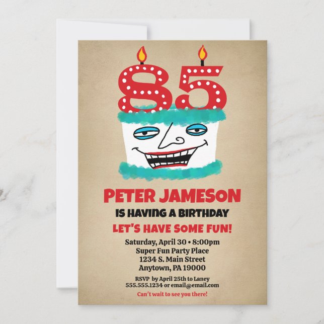 Invitation 85e anniversaire Funny Cake Mens Décont (Devant)