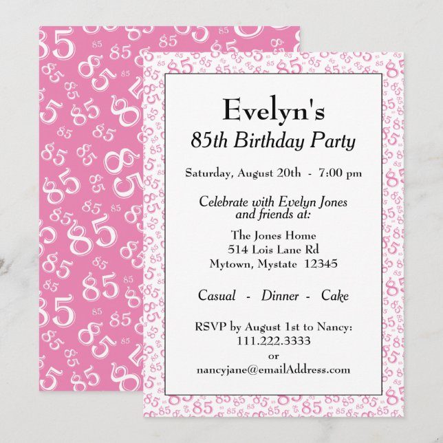 Invitation 85e anniversaire Motif de la fête rose et blanc (Devant / Derrière)