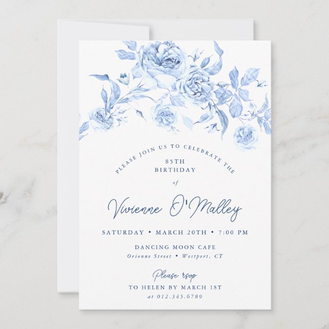 Invitation 85th Birthday Party Dusty Blue Floral (Devant)