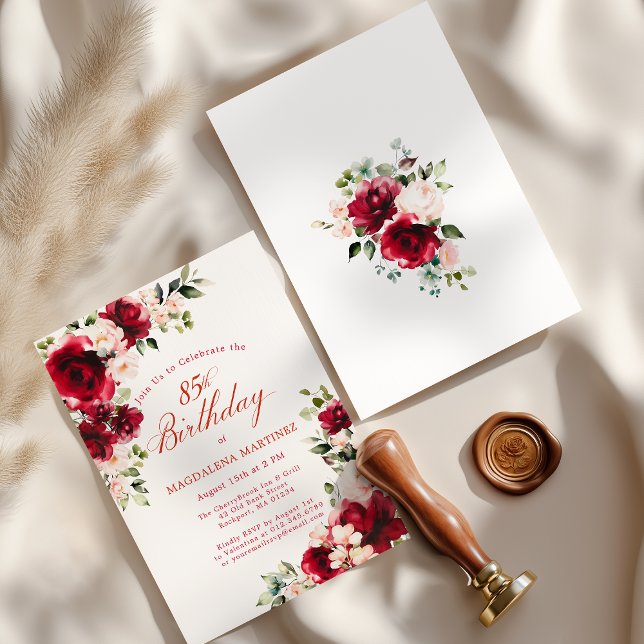 Invitation 85th Birthday Red Rose Pink Peony Floral (Créateur téléchargé)