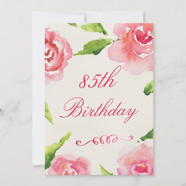 Invitation 85th Roses chics d'aquarelle d'anniversaire (Devant)