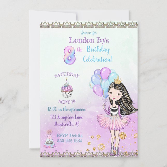 Invitation 8 Anniversaire Princesse Cupcake Ballons (Devant)