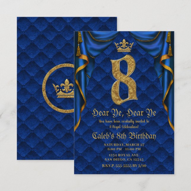 Invitation 8E 8 Anniversaire Fête Royal Blue Gold Crown (Devant / Derrière)