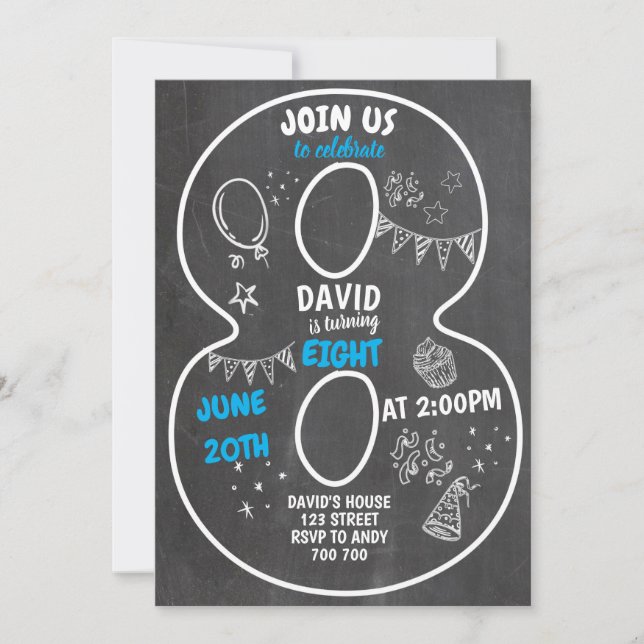 Invitation 8e anniversaire Boy Chalkboard Numéro Bleu (Devant)