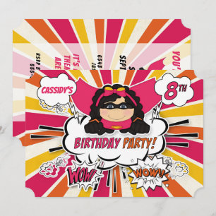 Invitation 8e anniversaire de fête filles Superhero Pink Comi