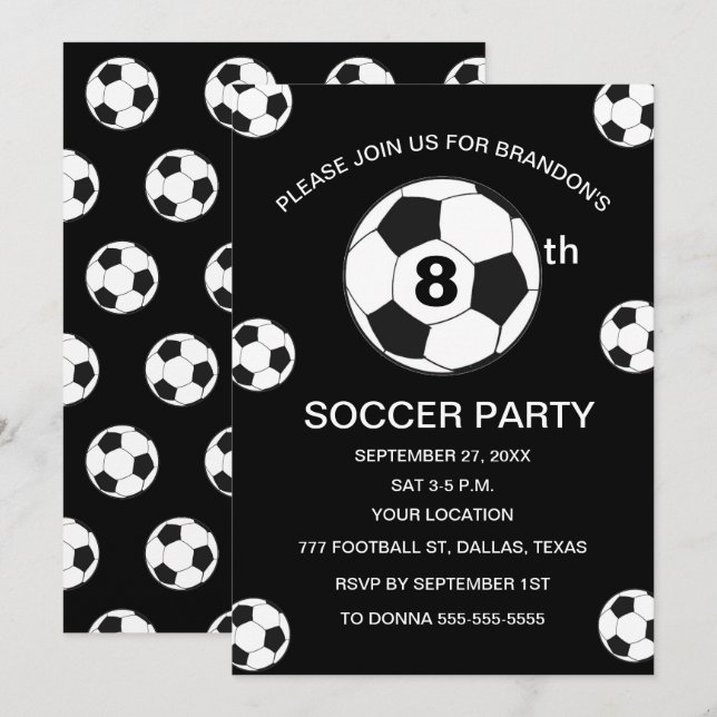 Invitation 8e anniversaire Fête de football Black Boys Sports (Devant / Derrière)