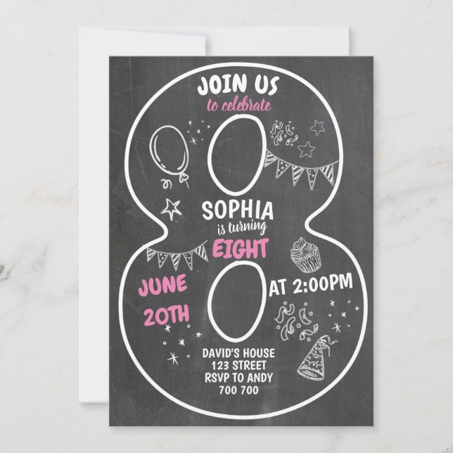 Invitation 8e anniversaire Girl Chalkboard Numéro rose (Devant)