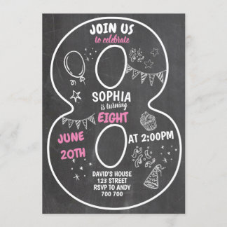 Invitation 8e anniversaire Girl Chalkboard Numéro rose
