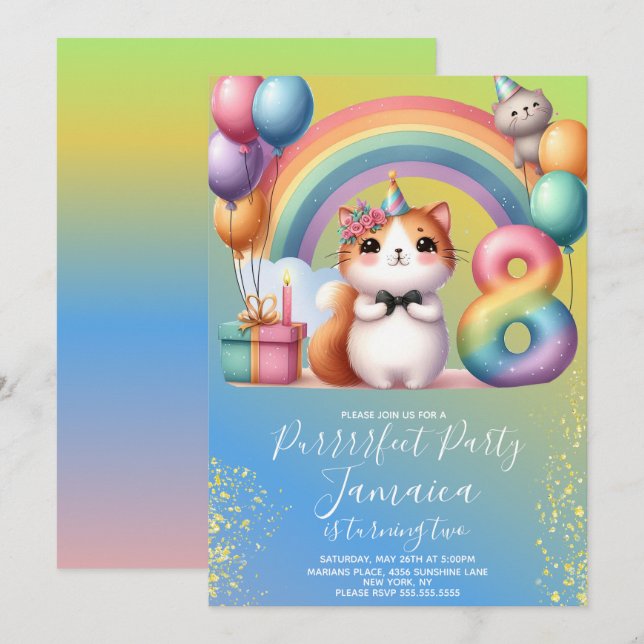 Invitation 8e anniversaire Kitten Rainbow Party (Devant / Derrière)