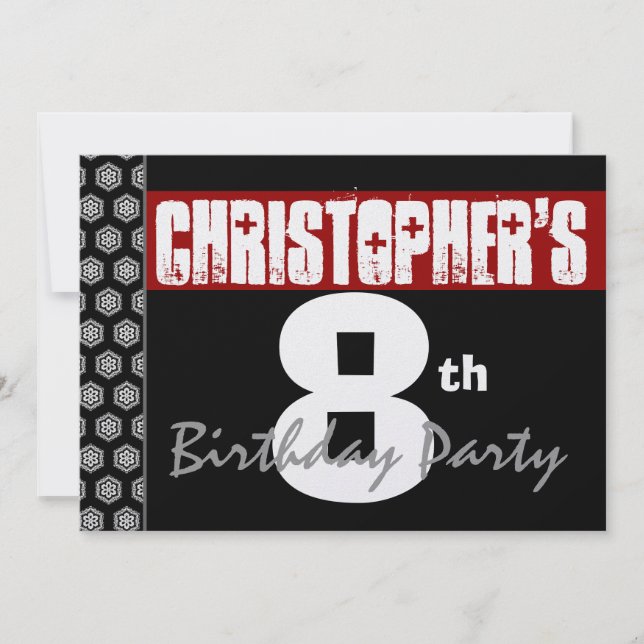 Invitation 8e anniversaire Moderne pour lui Rouge Blanc Noir  (Devant)