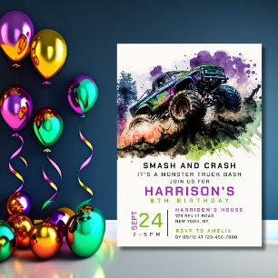 Invitation 8e anniversaire Monster Truck Smash Crash Garçon E