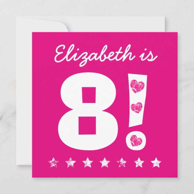 Invitation 8e anniversaire Nom personnalisé Pink pour la fill (Devant)