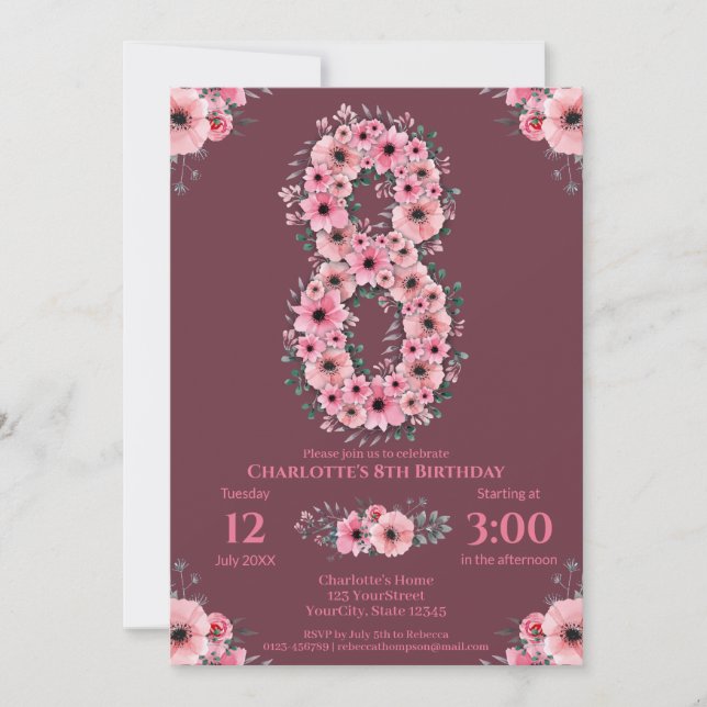 Invitation 8e Grand Anniversaire Fleurs roses Volage vert (Devant)