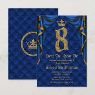 Invitation 8ème fête d'anniversaire Couronne Royale Bleu Or  