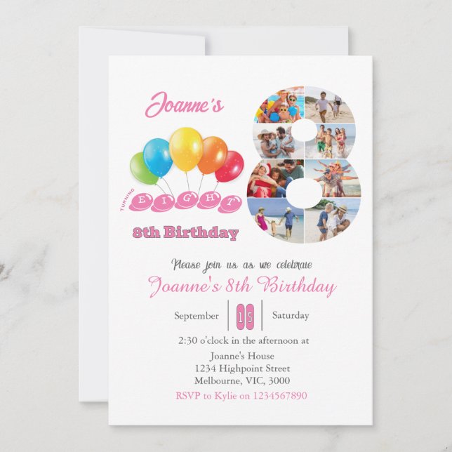 Invitation 8th birthday photo collage number 8 Girl  (Devant)