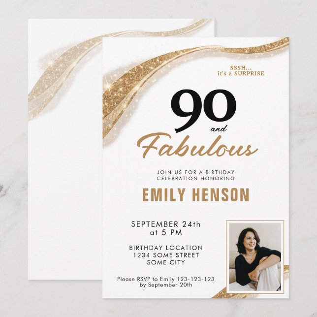 Invitation 90 and Fabulous Gold 90th Birthday (Devant / Derrière)