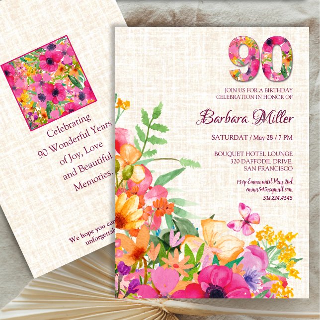 Invitation 90 ans Fleurs Grand-mère 90e anniversaire Linge (Créateur téléchargé)