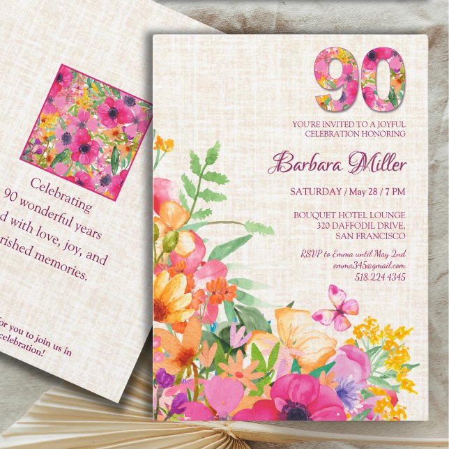 Invitation 90 ans Flower Birthday, Linen 90e pour grand-mère (Créateur téléchargé)