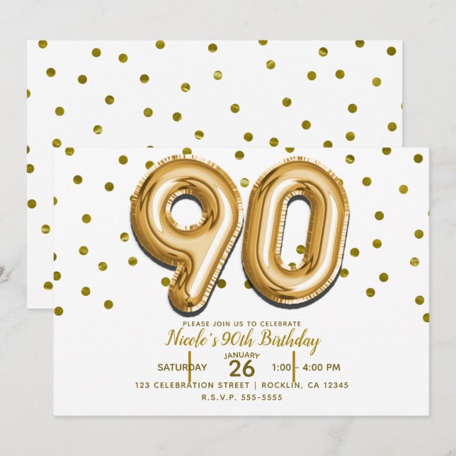 Invitation 90 Gold Balloons & Confetti 90e fête d'anniversair (Devant / Derrière)