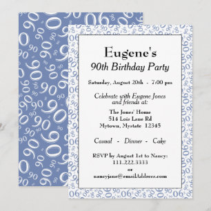 Invitation 90 Motif de nombre aléatoire Bleu/Blanc 90ème