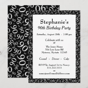Invitation 90 Motif de nombre aléatoire Noir/Blanc 90ème