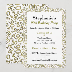 Invitation 90 Motif de Nombre Aléatoire Or/Blanc 90ème