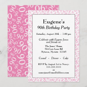 Invitation 90 motif de nombre aléatoire rose/blanc 90ème