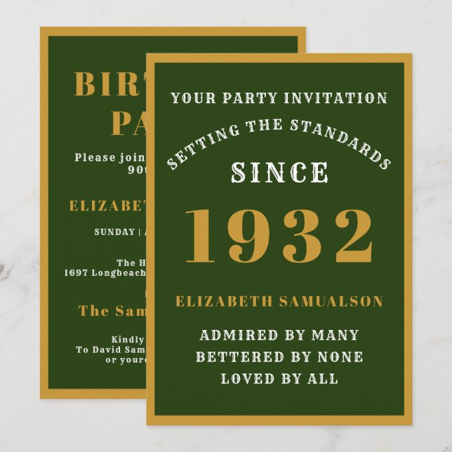 Invitation 90e anniversaire 1932 Elégant Green Gold Nom Age (Devant / Derrière)