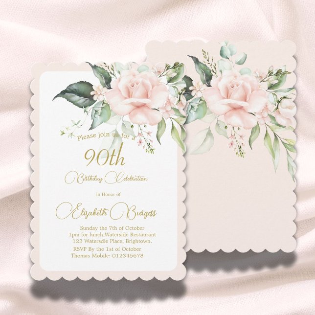 Invitation 90e anniversaire aquarelle rose florale élégant (Créateur téléchargé)