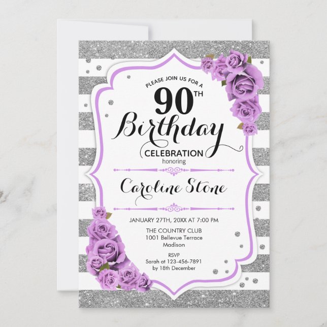 Invitation 90e anniversaire - Argent blanc rayures Roses viol (Devant)