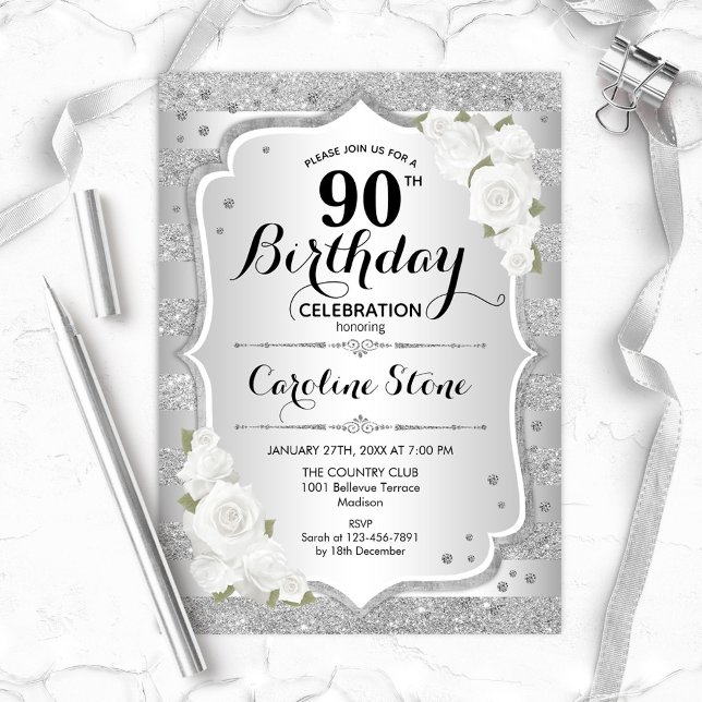 Invitation 90e anniversaire - Argent rayures Roses blanches (Créateur téléchargé)