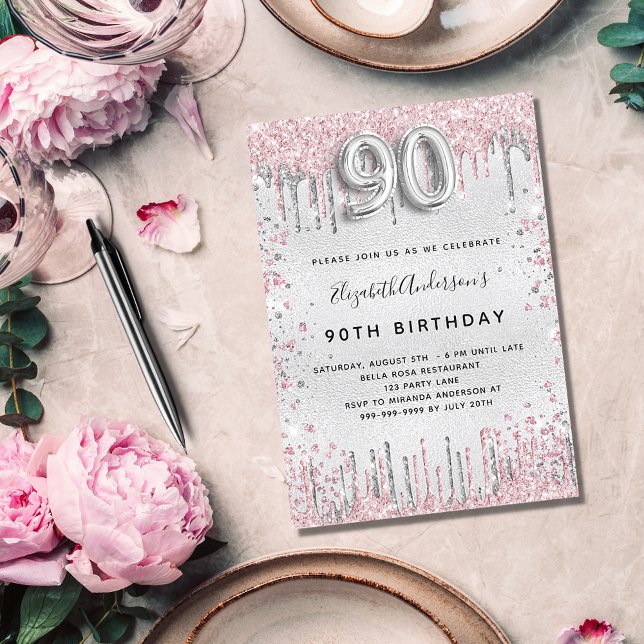 Invitation 90e anniversaire argent rose parties scintillant p (Créateur téléchargé)