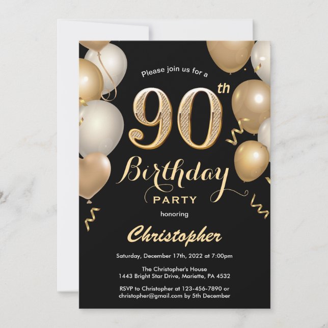 Invitation 90e anniversaire Ballons Noir et Or Confetti (Devant)