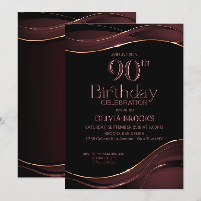 Invitation 90e anniversaire Black Dusty Pink Party (Devant / Derrière)